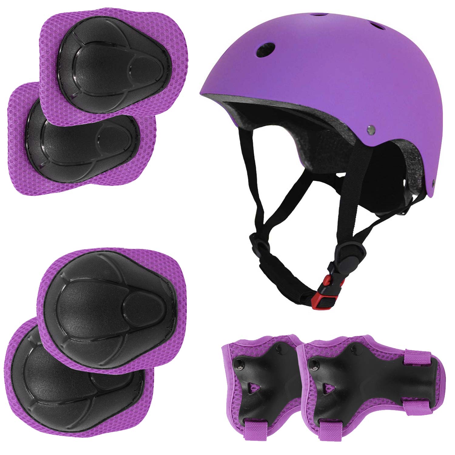 Kit Seguridad Protección Niños Casco Rodilleras Muñequeras Coderas Morado