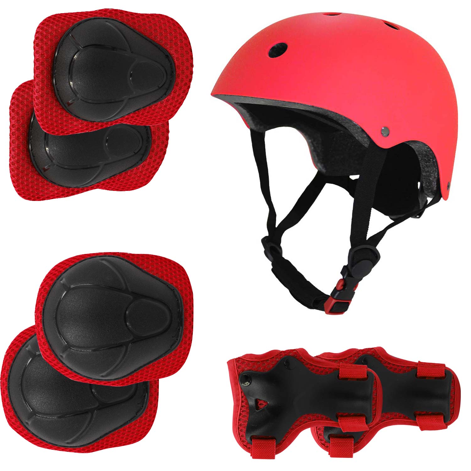 Casco Protección Kit Niños Rodilleras Y Muñequeras Y Coderas-Rojo