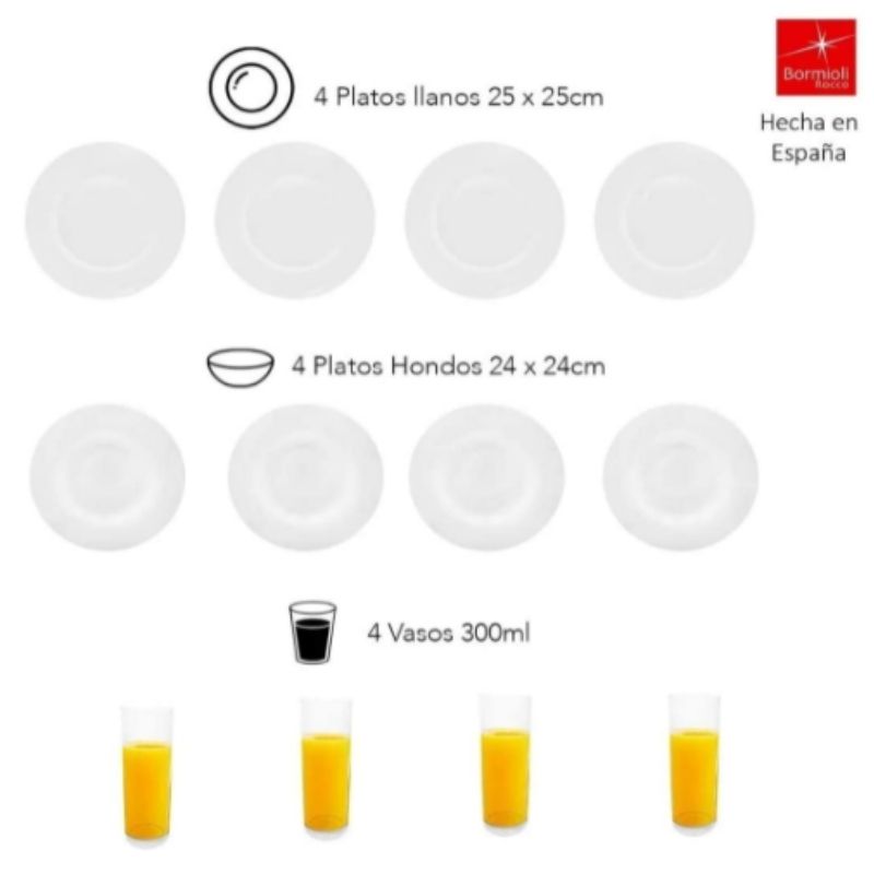 Bormioli Rocco 1522-1309/1310 Vajilla blanca para 4 personas Moderna Opal Resistente