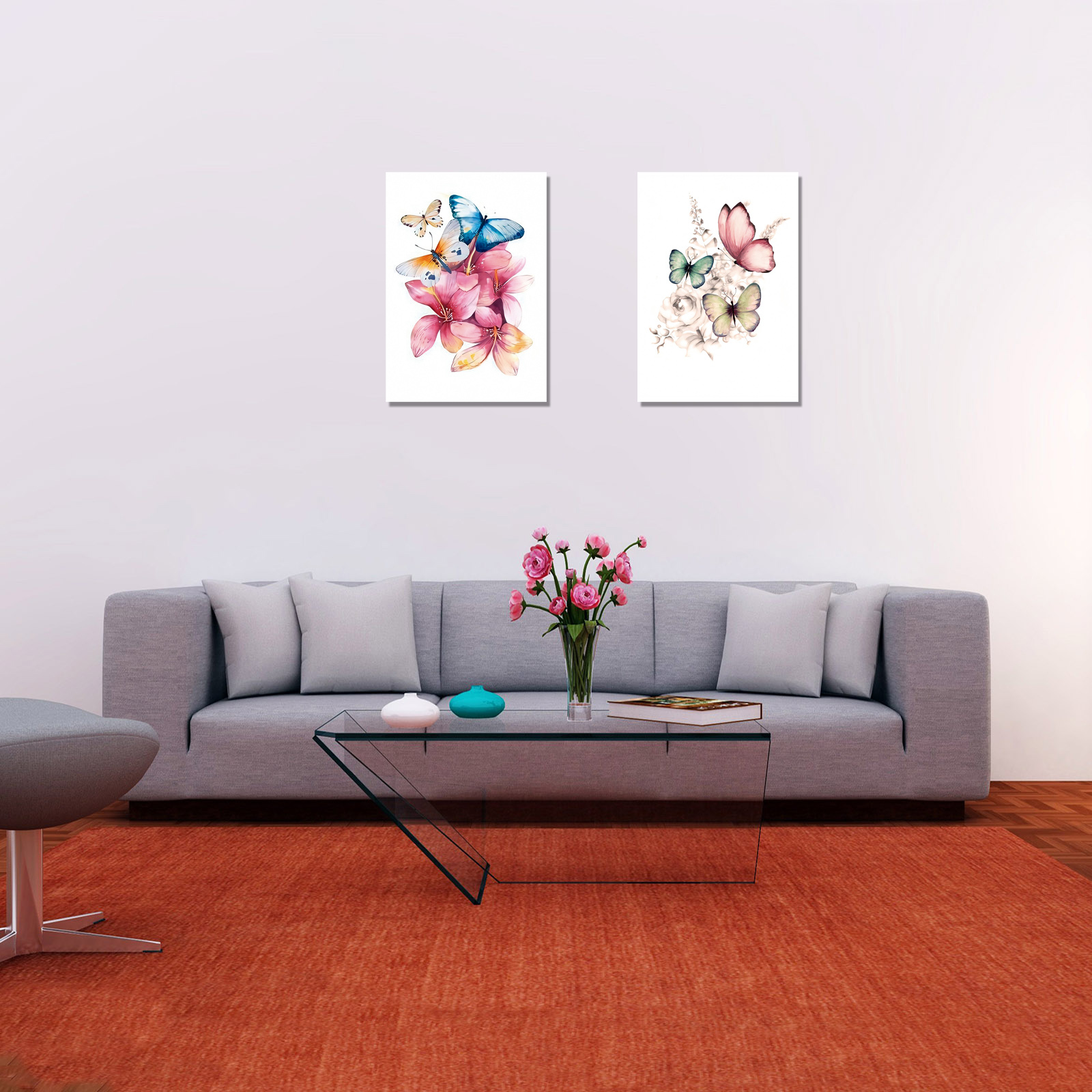 Cuadros Decorativos Set de 2 pzs Flores con Mariposas 60 X 90 cm.