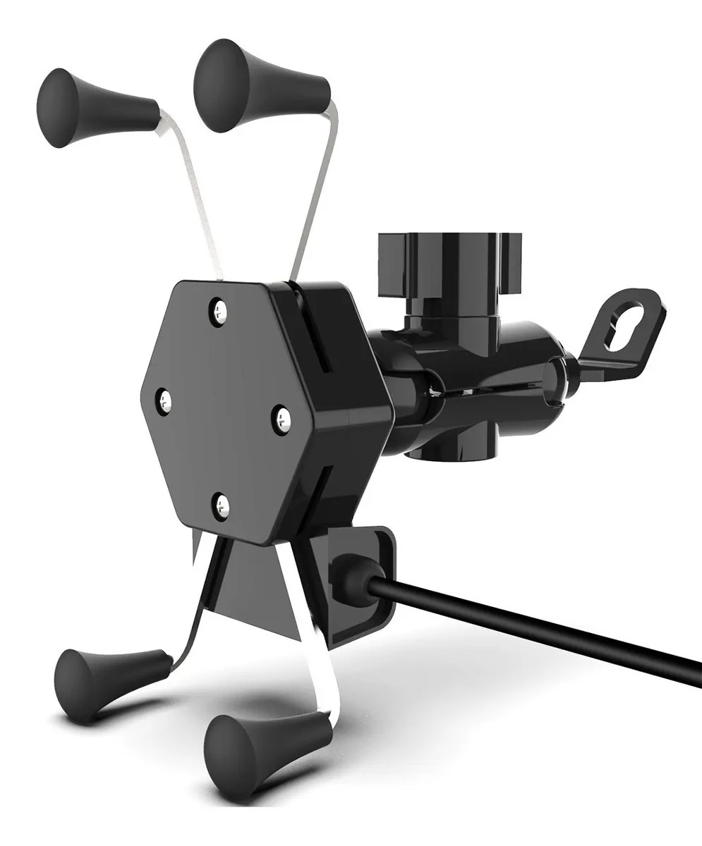 Soporte Celular Metálico con Cargador Motocicleta Pinza Agarradera Espejo Retrovisor