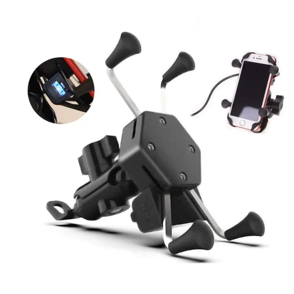 Soporte Celular Metálico con Cargador Motocicleta Pinza Agarradera Espejo Retrovisor
