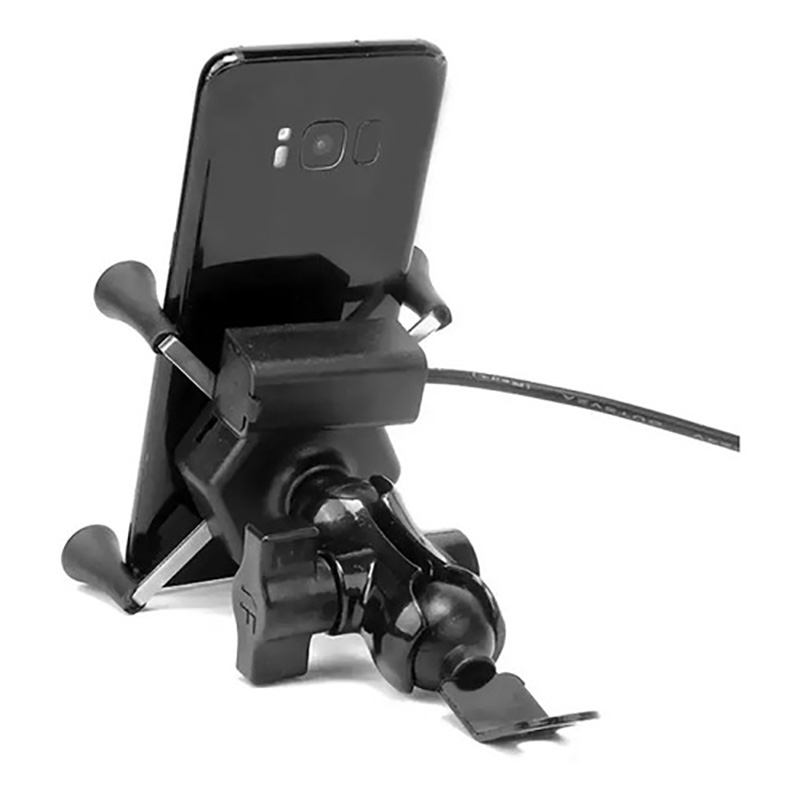 Soporte Celular Metálico con Cargador Motocicleta Pinza Agarradera Espejo Retrovisor