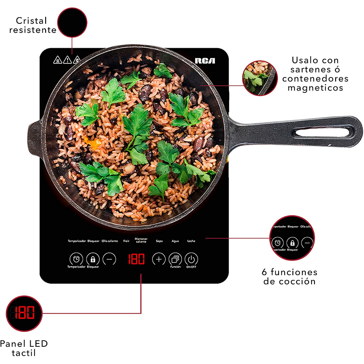Parrilla Inducción eléctrica RCA RC-12A3 Negra 120V 1200W