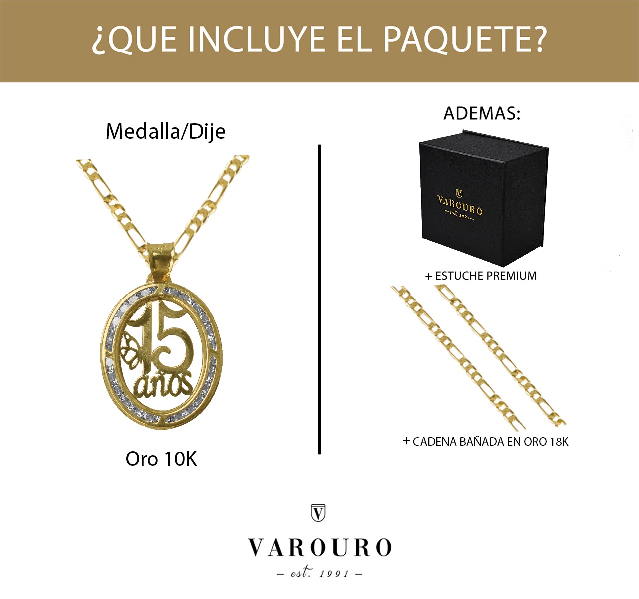 Medalla 15 Años VAROURO Oro Oval 10k + Cadena De Regalo