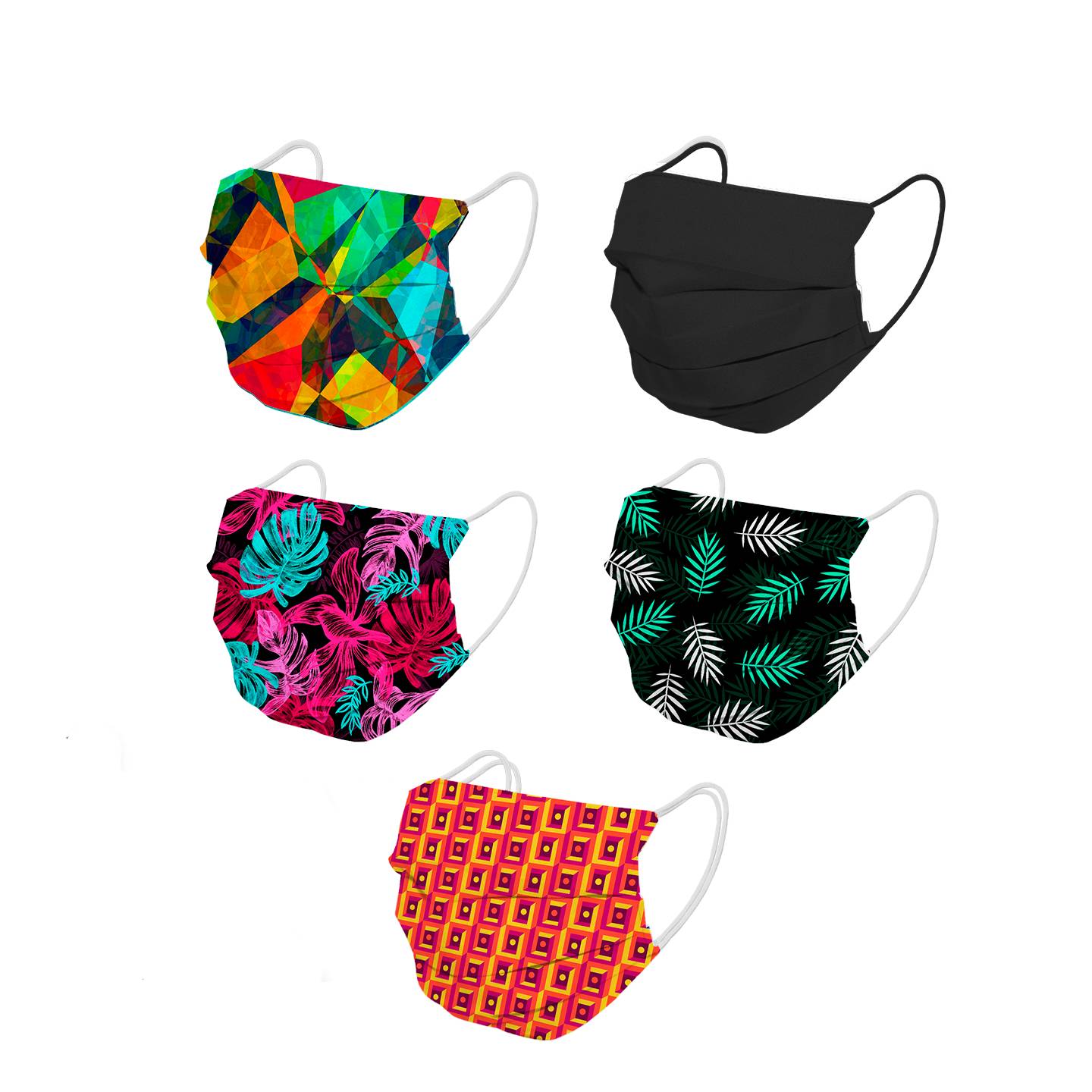 Paquete de 5 cubrebocas de tela tricapa, lavales. diseños de colores. talla adulto.  Josefina Navarro