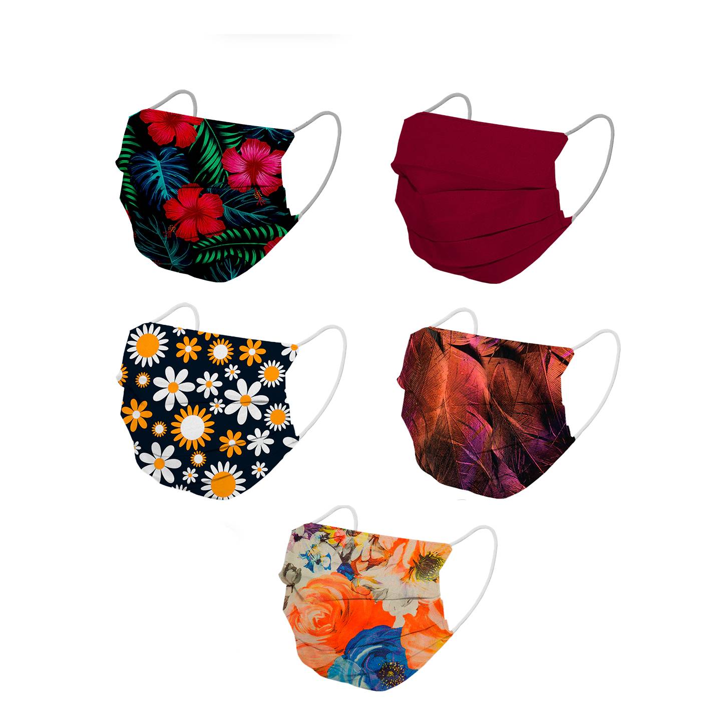 Paquete de 5 cubrebocas de tela tricapa, lavables. diseños flores. talla adulto. Josefina Navarro