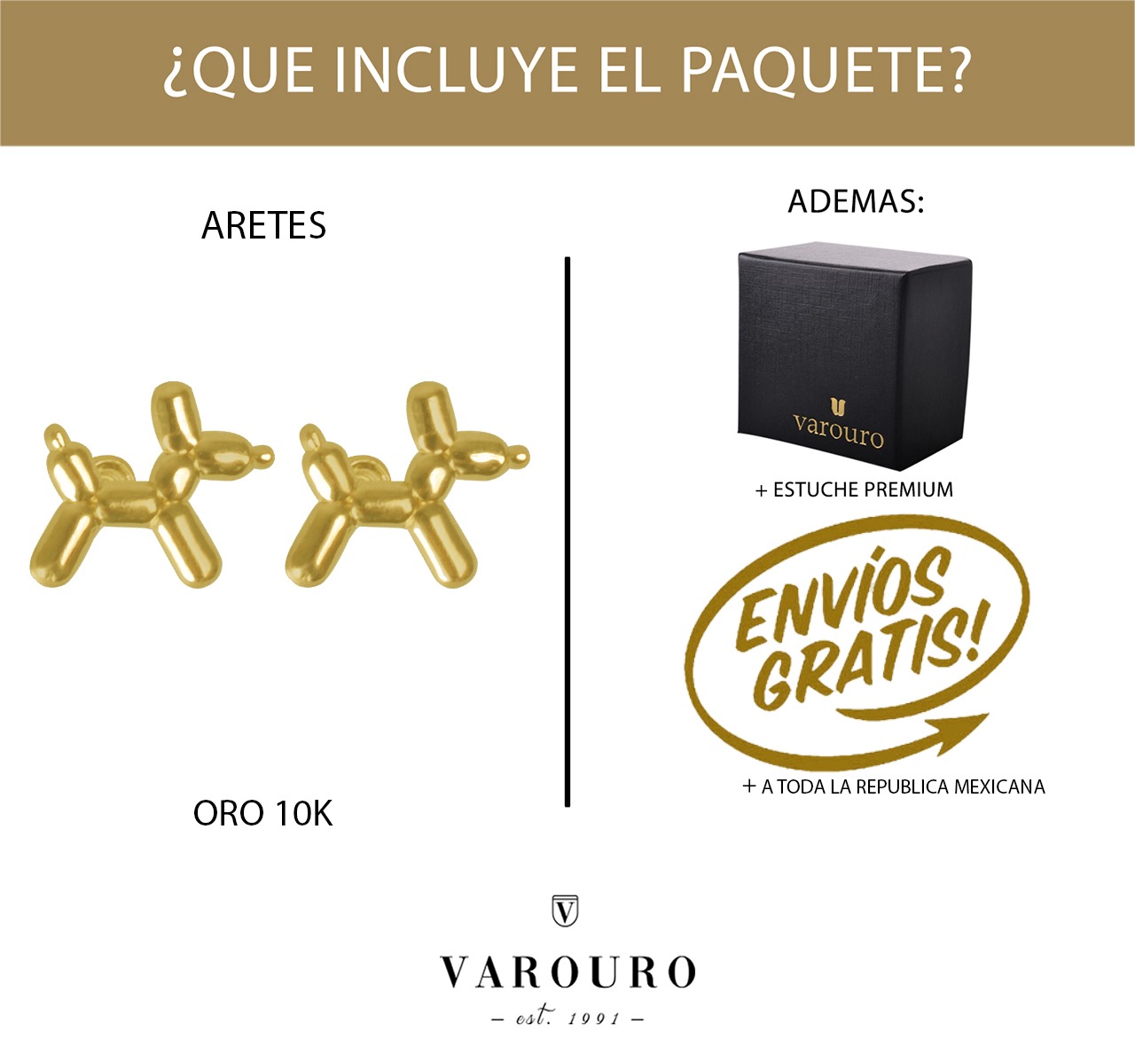 Aretes | Broqueles Perro Perrito Globo VAROURO  Oro 10k + Estuche 