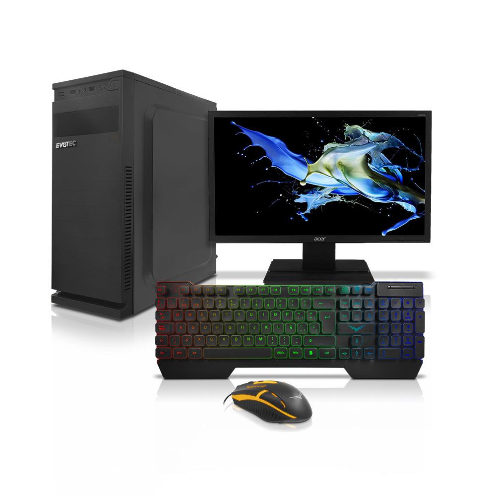 PC Celeron Dual Core J1800 8GB RAM 500GB Disco duro Gabinete ATX Mid-Tower Evotec EV-1015 con Fuente de Poder de 600W + Monitor Acer 19.5 1600 x 900 LED LCD Monitor V206HQL + kit Mouse y teclado gaming luz