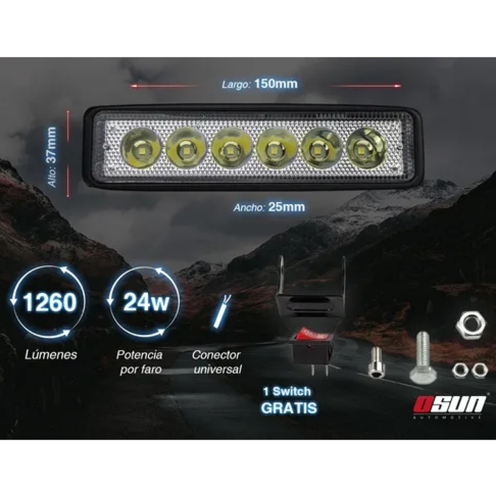 2 Faros Osun De Led Diseño Tipo Barra 100% Metal Con 18w De Luz Concentrada Blanca+bases Universal 4x4/automotriz/motos