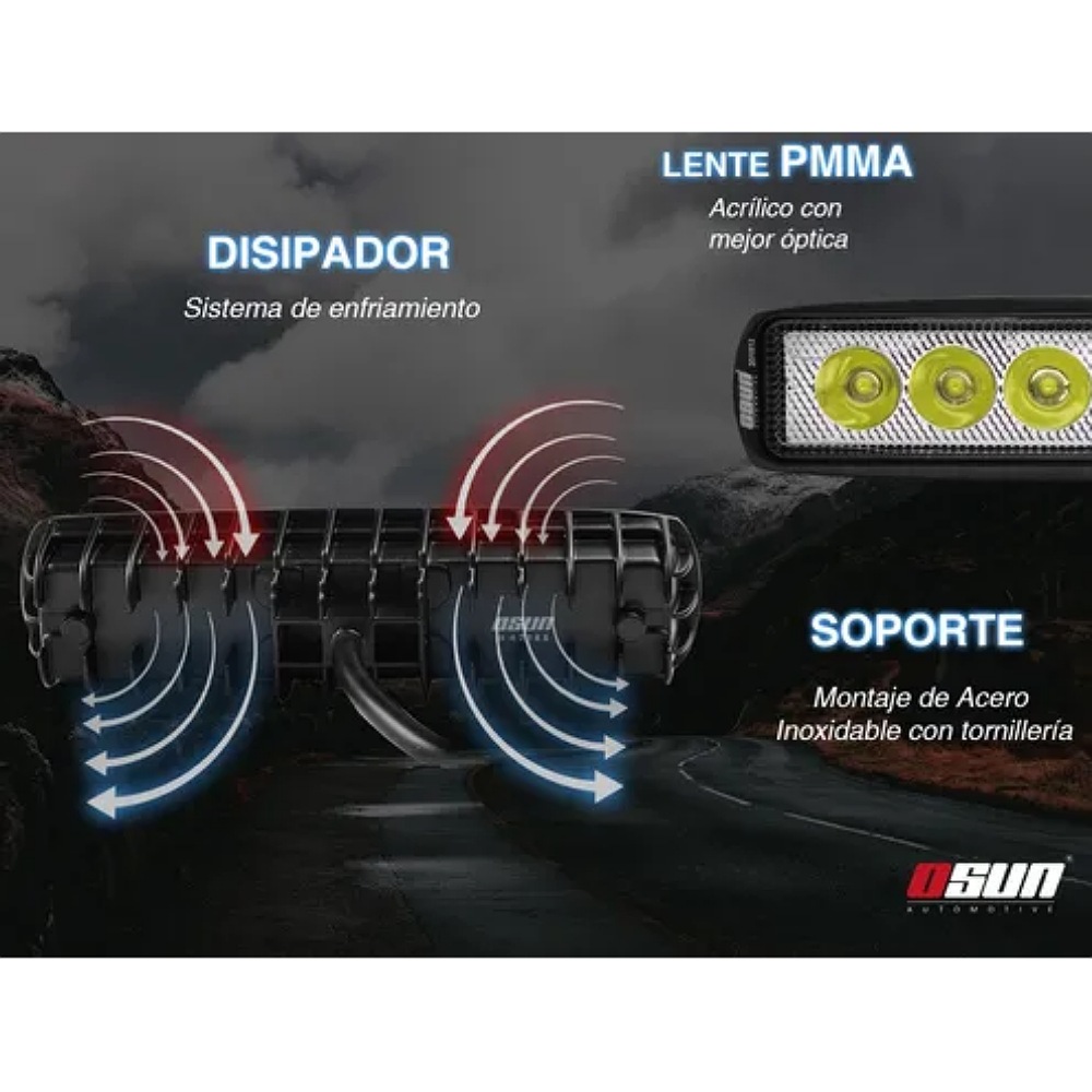 2 Faros Osun De Led Diseño Tipo Barra 100% Metal Con 18w De Luz Concentrada Blanca+bases Universal 4x4/automotriz/motos