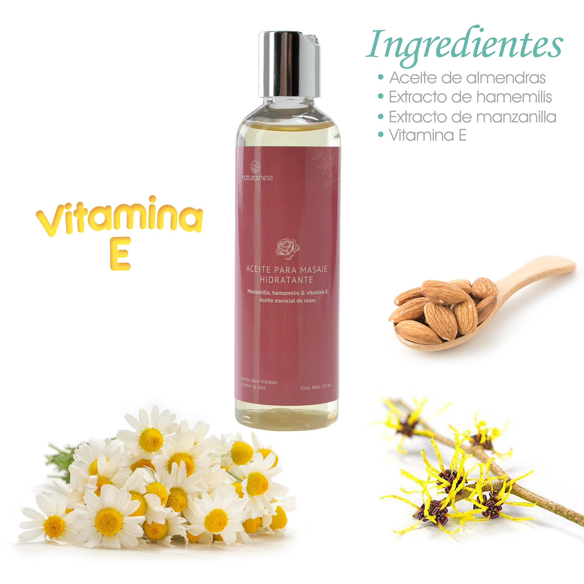 Naturalness Aceite para masaje corporal hidratante base de extractos herbales 100% naturales de manzanilla y hamamelis , Aroma Rosas
