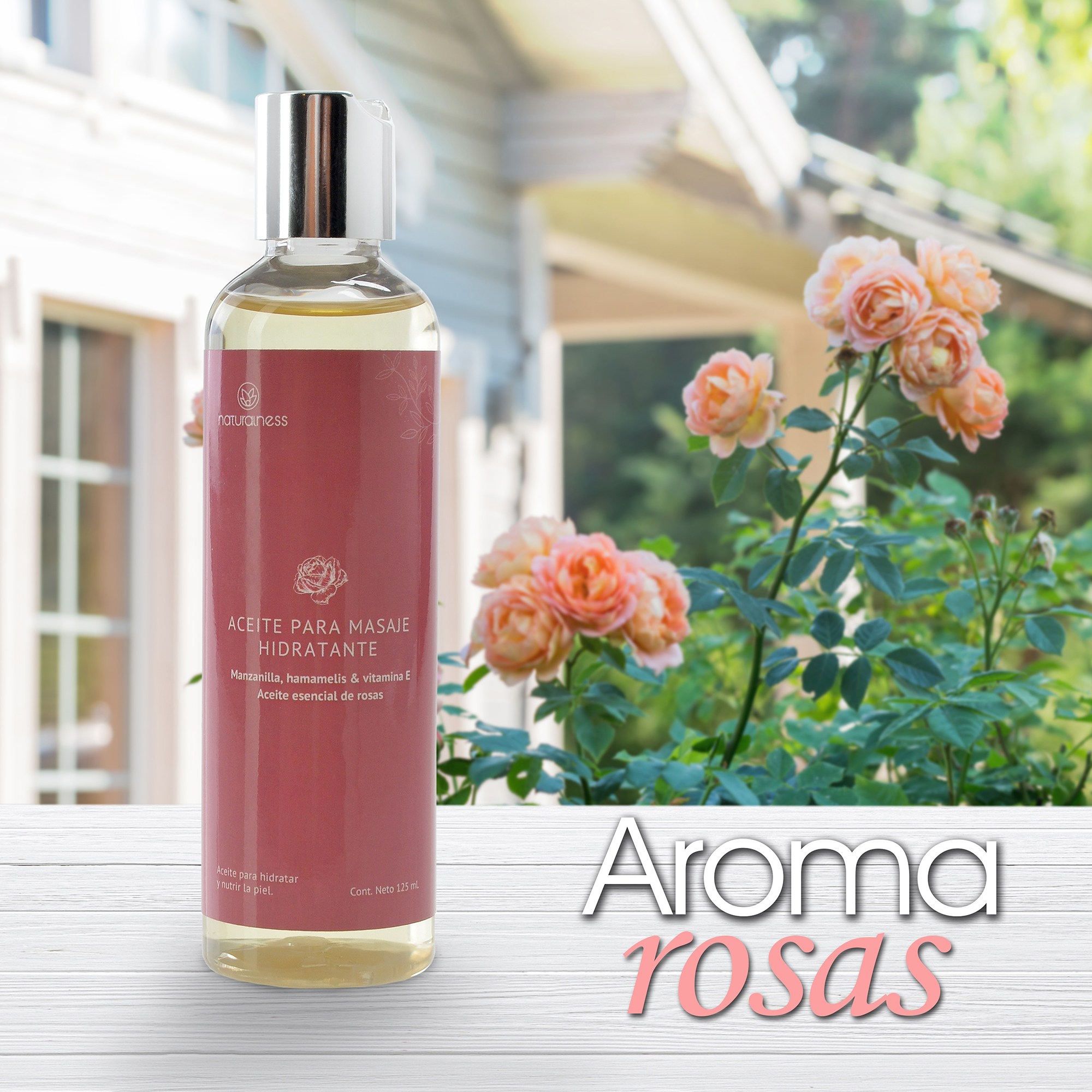 Naturalness Aceite para masaje corporal hidratante base de extractos herbales 100% naturales de manzanilla y hamamelis , Aroma Rosas
