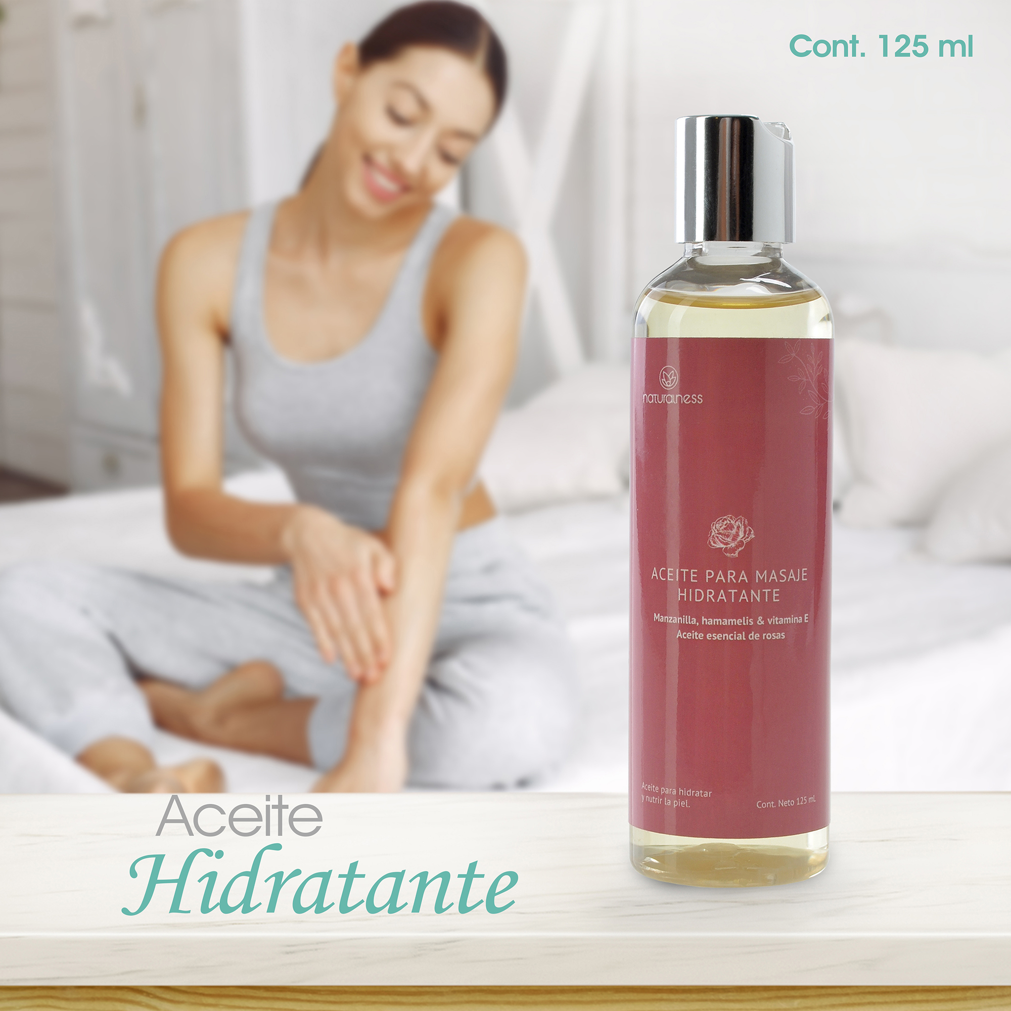 Naturalness Aceite para masaje corporal hidratante base de extractos herbales 100% naturales de manzanilla y hamamelis , Aroma Rosas