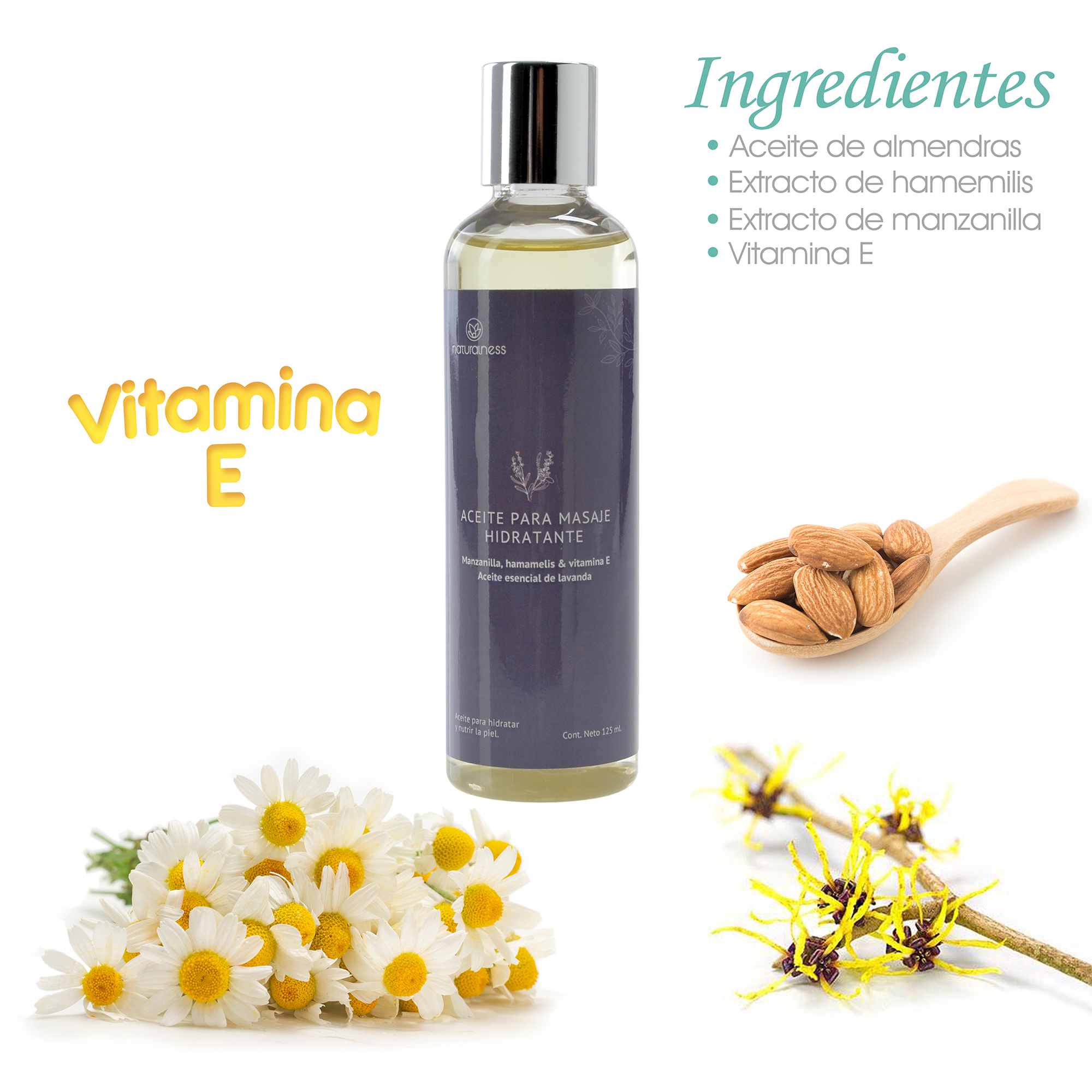 Naturalness Aceite para masaje corporal hidratante base de extractos herbales 100% naturales de manzanilla y hamamelis , Aroma Lavanda