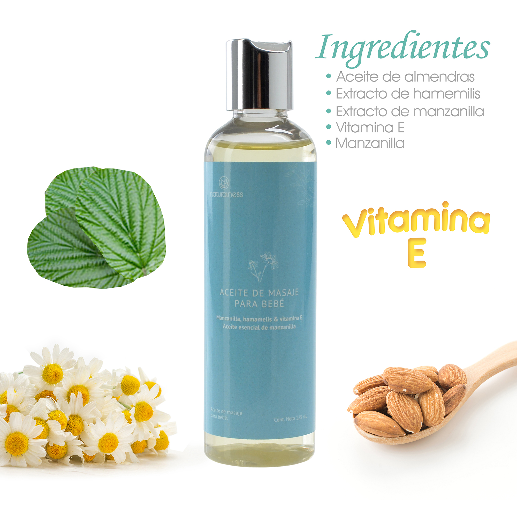 Naturalness - Aceite para masaje de bebé 125 ml Fórmula de extractos 100% puros de manzanilla y hamamelis,  y un delicioso aroma a MANZANILLA.