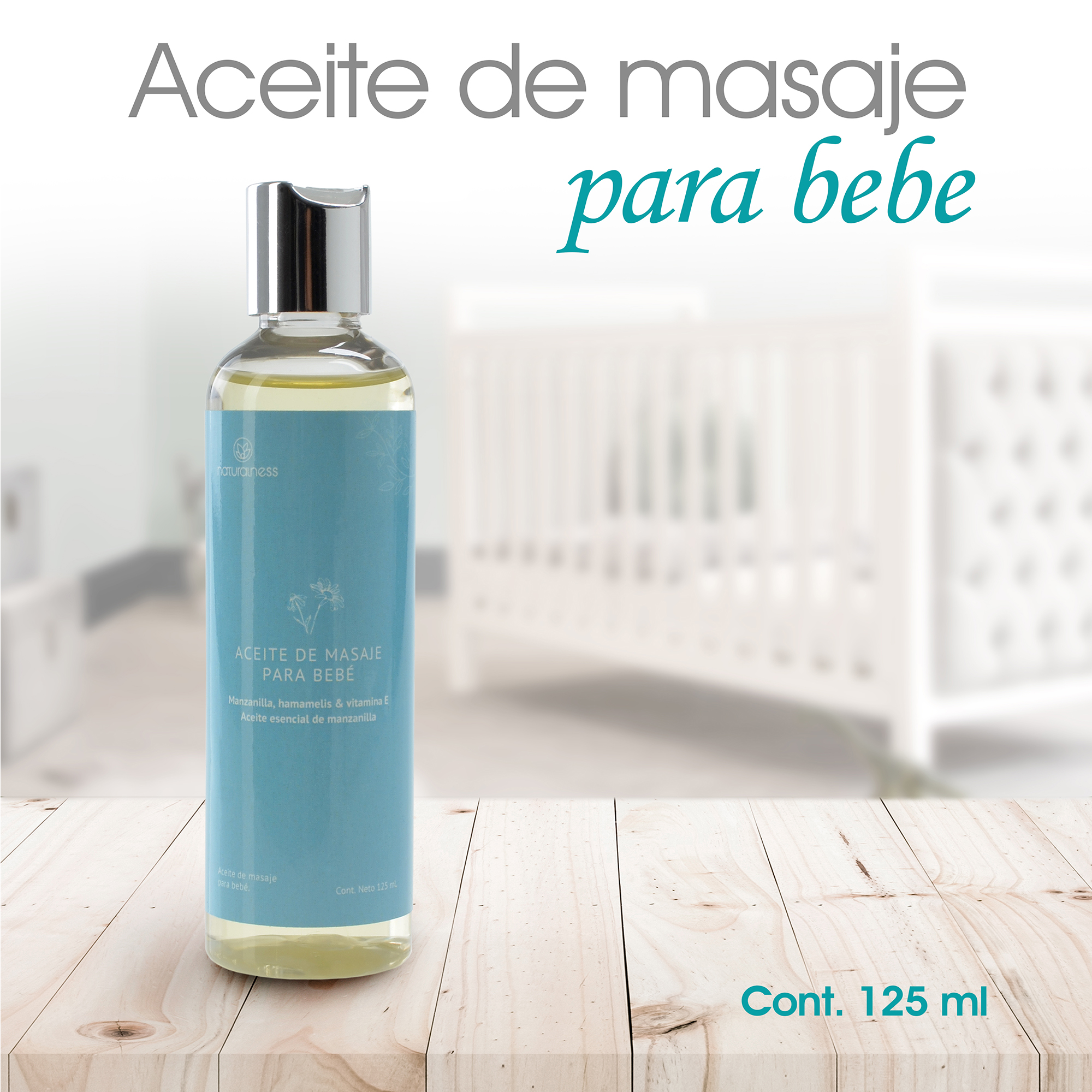 Naturalness - Aceite para masaje de bebé 125 ml Fórmula de extractos 100% puros de manzanilla y hamamelis,  y un delicioso aroma a MANZANILLA..