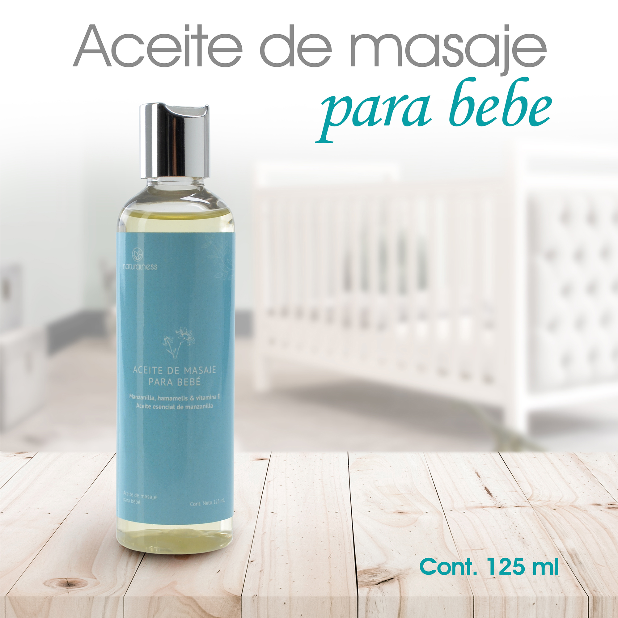 Naturalness - Aceite para masaje de bebé 125 ml Fórmula de extractos 100% puros de manzanilla y hamamelis,  y un delicioso aroma a MANZANILLA.