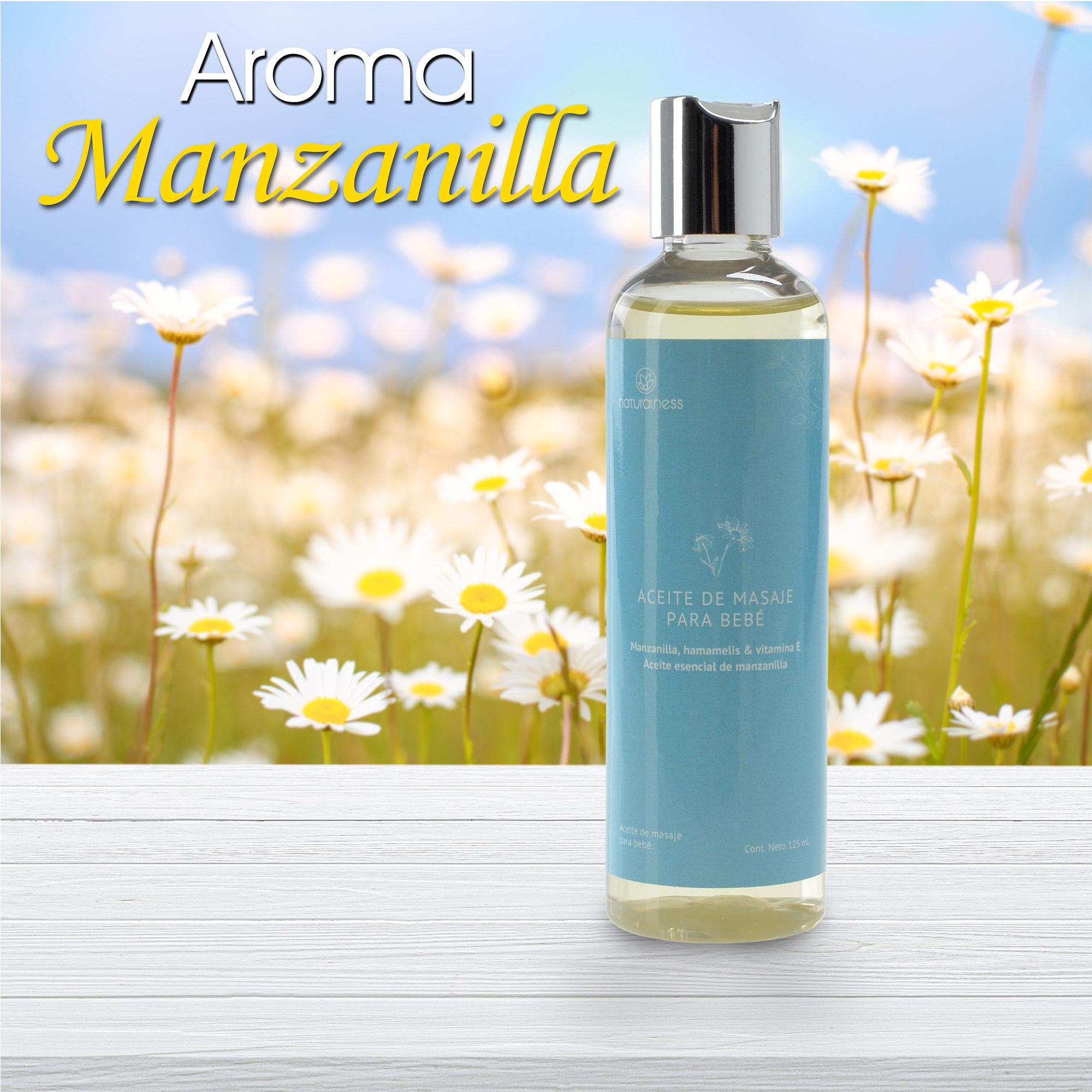 Naturalness - Aceite para masaje de bebé 125 ml Fórmula de extractos 100% puros de manzanilla y hamamelis,  y un delicioso aroma a MANZANILLA.