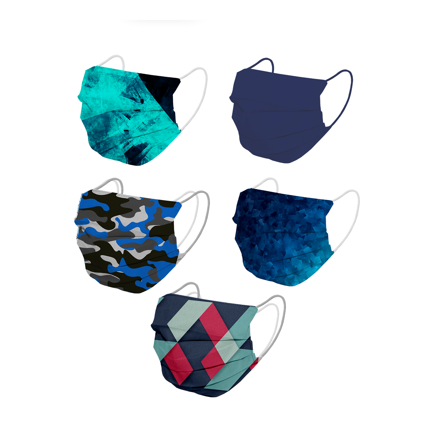 Paquete de 5 cubrebocas de tela tricapa, lavable en tonos azules, talla adulto.  Josefina Navarro