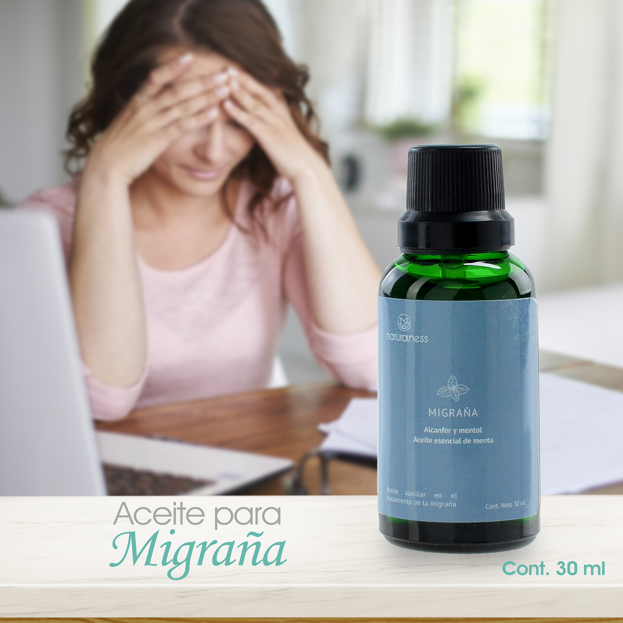 Naturalness - Aceite Anti Migraña - Tamaño 30ml - Fórmula de extractos naturales y aceites esenciales 100% puros.