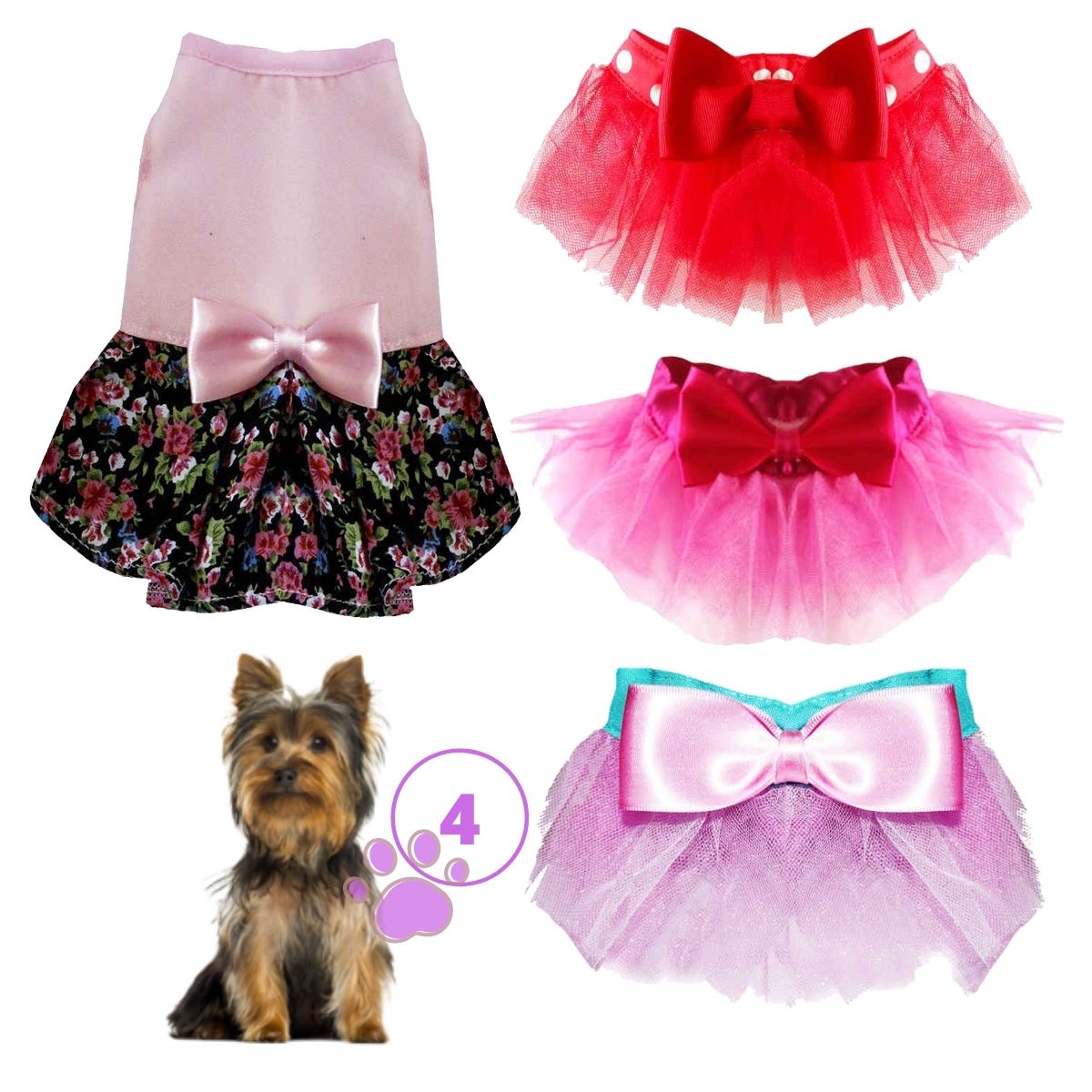 Ropa Para Perros Mascotas, Falda Tutu Para Perros, Vestido de Flores con Tutu, Set de 4 Piezas Ropa Para Perro, Color Rojo, Color Fucsia, Color Rosa Talla M