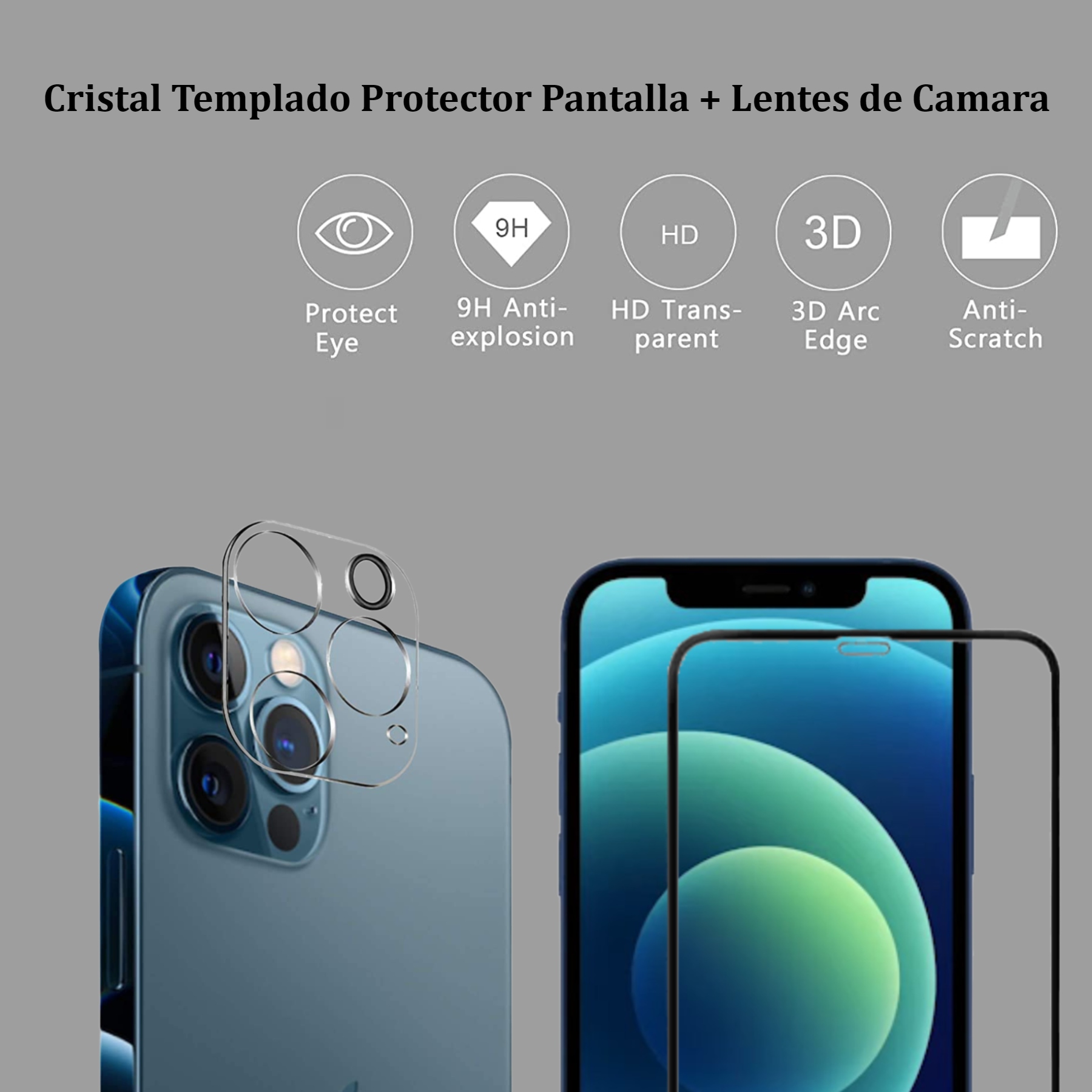 Cristal Templado Pantalla + Protector de Lente Cámara Compatible con iPhone 13 Pro Vidrio Templado Cobertura Completa