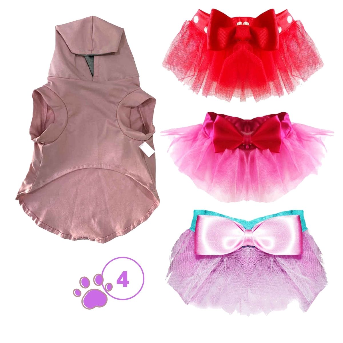 Ropa Para Perros Mascotas,  Sudadera para Perros con Capucha Mas Falda Tutu Para Perros, Color Rojo, Color Rosa, Color Fucsia, Ropa para Perros Set de 4 Piezas Talla M