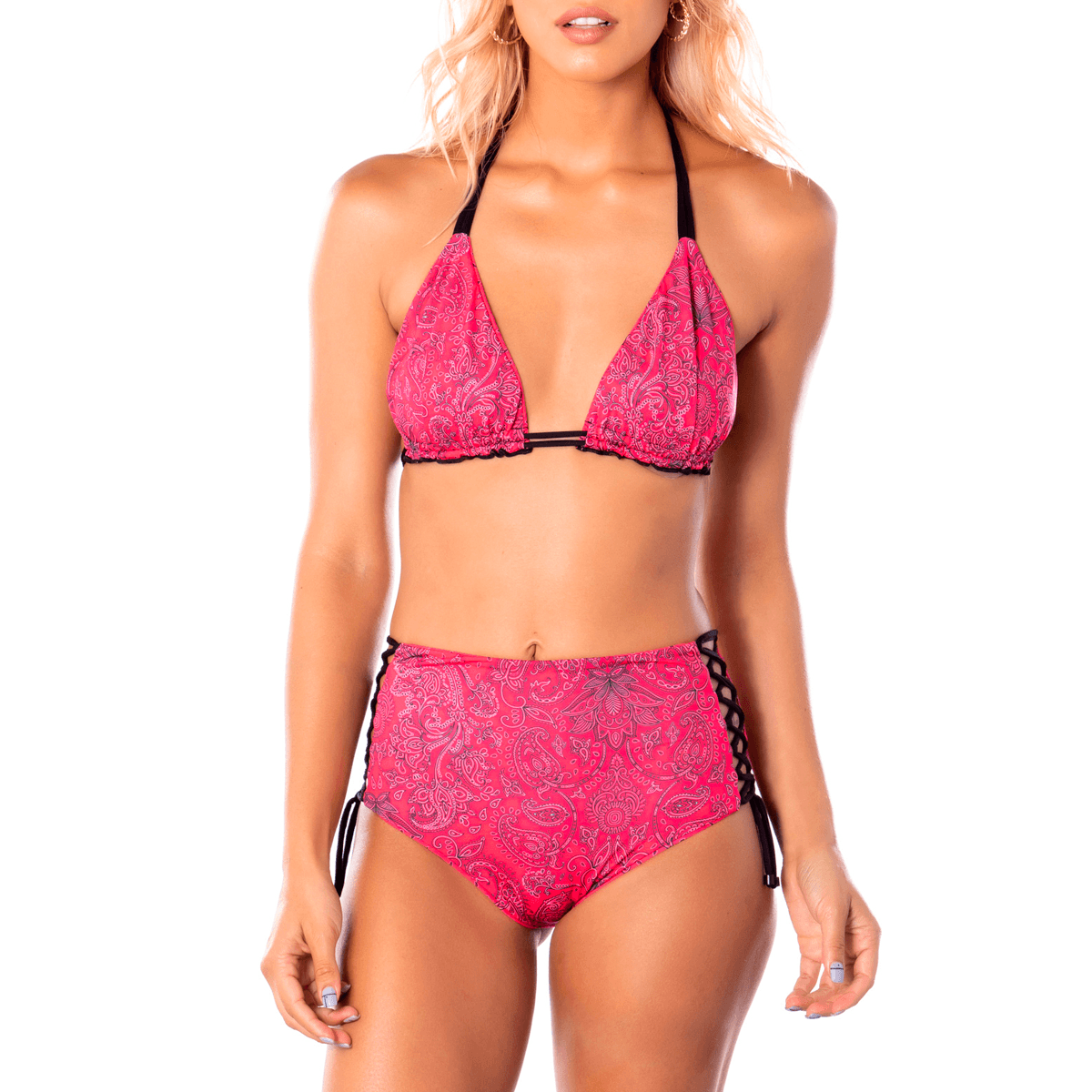 Traje De Baño Para Dama Colombiano Reversible Estampado Floral Bañador Conjunto 2 Piezas Color Fucsia