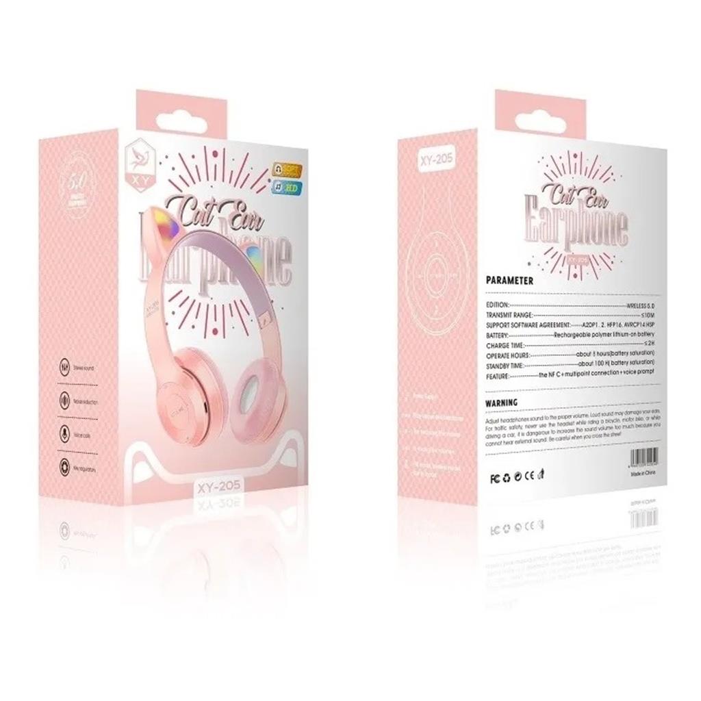 Audifonos Gatita Bluetooth Mp3 7 Luces Intercambiables Rosa