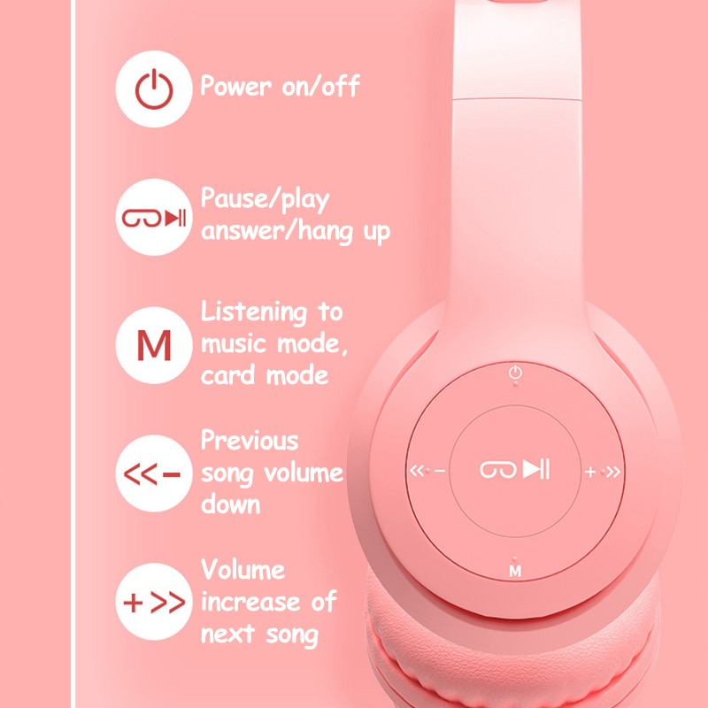 Audifonos Gatita Bluetooth Mp3 7 Luces Intercambiables Rosa