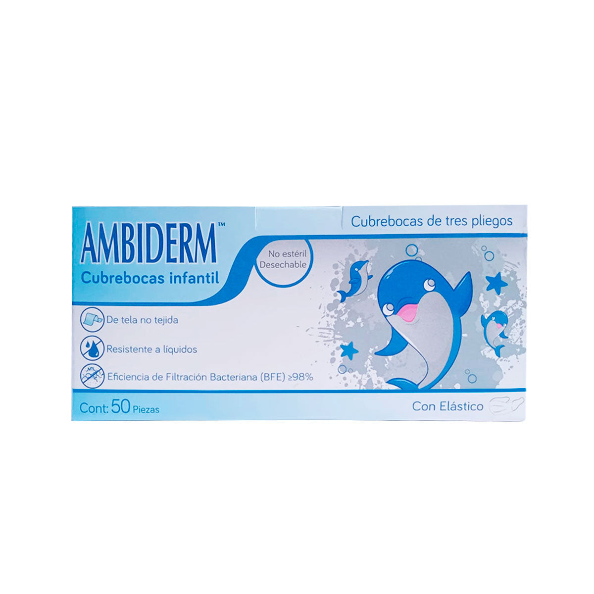 CUBREBOCAS DE 3 PLIEGOS AMBIDERM INFANTIL C/ELÁSTICO BLANCO CON DELFINES CAJA C/50 PZAS
