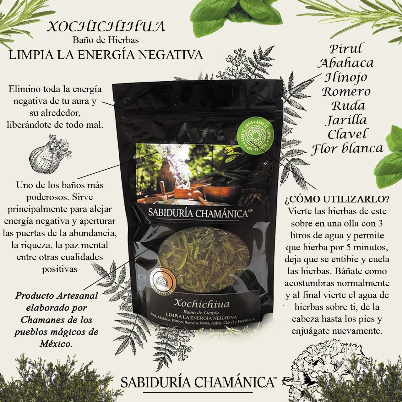 Baño de Hierbas Xochichihua Ramo de Limpia - Malos pensamientos, hierbas de baño, natural, artesania, temazcal, vapor, tina, pies, relajacion, meditacion, bienestar, herbal, naturaleza