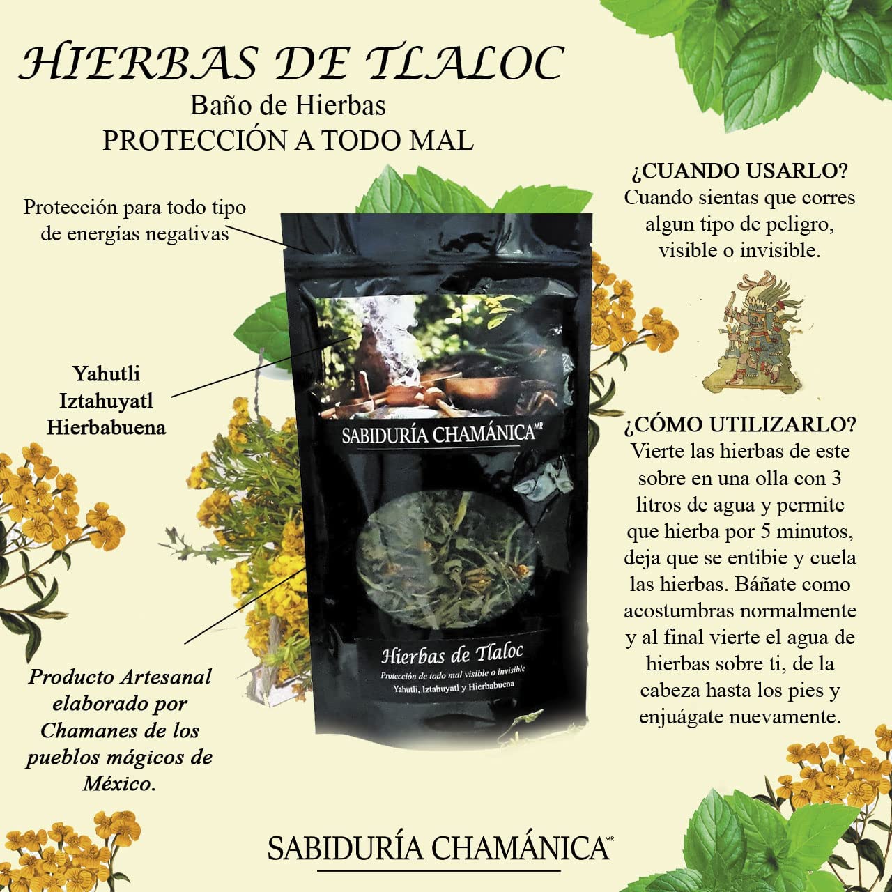 Baño de Hierbas Tlaloc 3 hierbas - Alejar males, hierbas de baño, natural, artesania, temazcal, vapor, tina, pies, relajacion, meditacion, bienestar, herbal, naturaleza