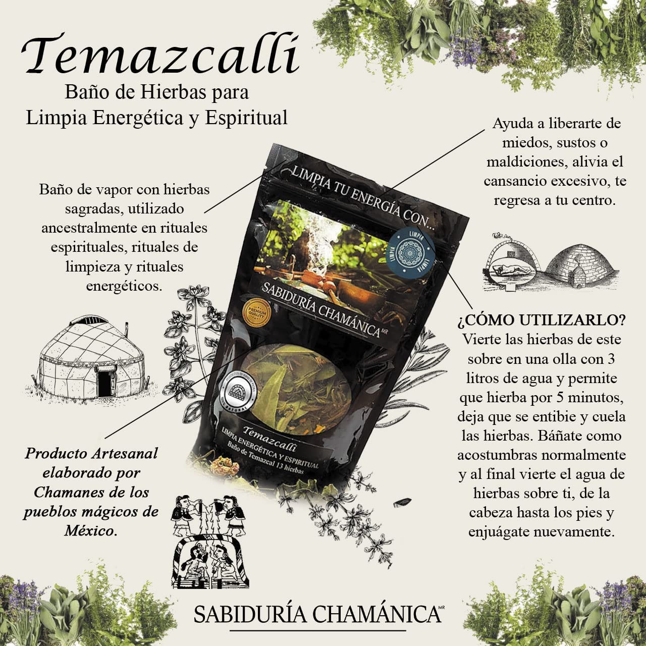 Baño de Hierbas Temazcalli 13 hierbas Limpia Energética y Espiritual, hierbas de baño, natural, artesania, temazcal, vapor, tina, pies, relajacion, meditacion, bienestar, herbal, naturaleza
