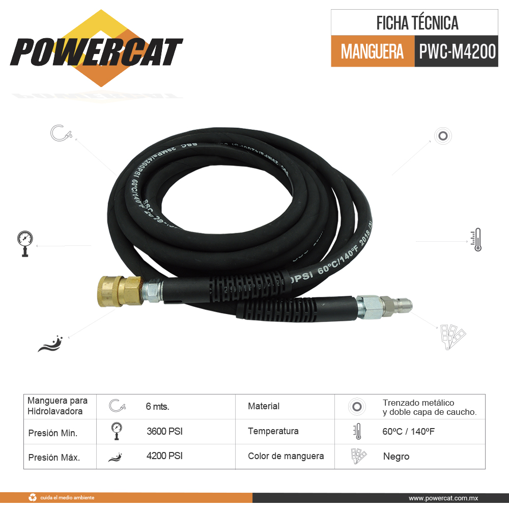 MANGUERA PARA HIDROLAVADORA 3600 A 4200 PSI POWERCAT PWC-M4200