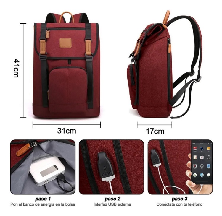 Mochila Para Laptop 17 Multifuncional Carga Usb Antirrobo Rojo