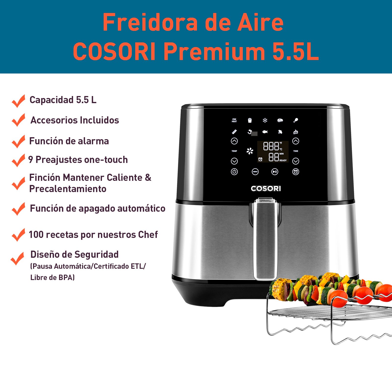 Freidora de Aire Premium Cosori 5.5L con rejilla y brocheteros