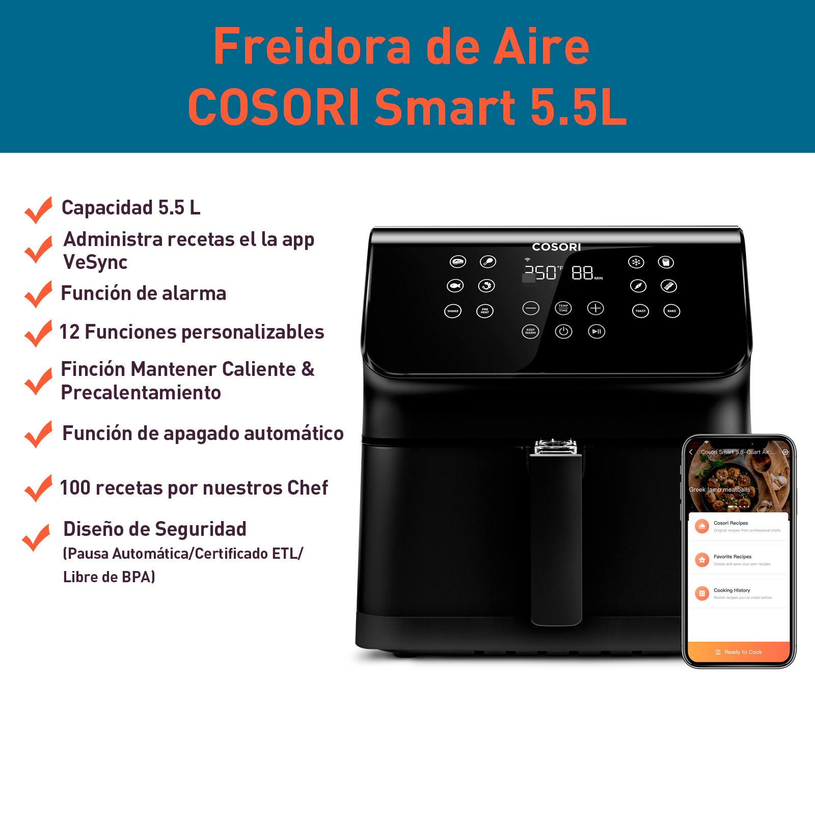 Freidora de Aire Smart Wifi Cosori 5.5L Horno eléctrico 12 funciones