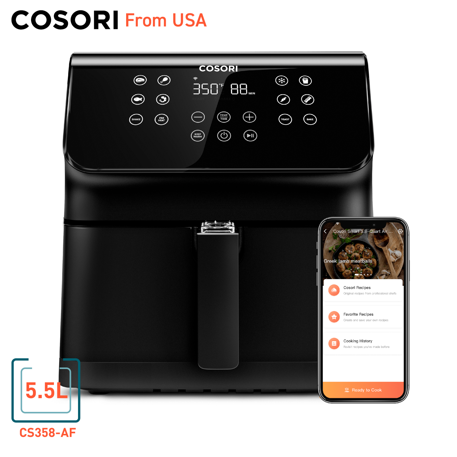 Freidora de Aire Smart Wifi Cosori 5.5L Horno eléctrico 12 funciones