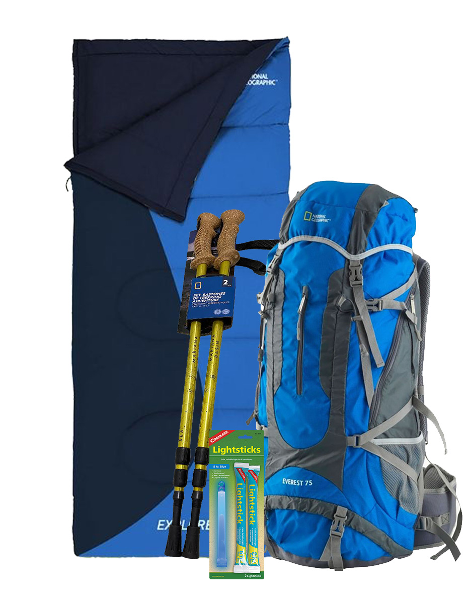 Mochila Everest de 75lt con sleeping azul y bastones NatGeo  y luz quimica de emergencia