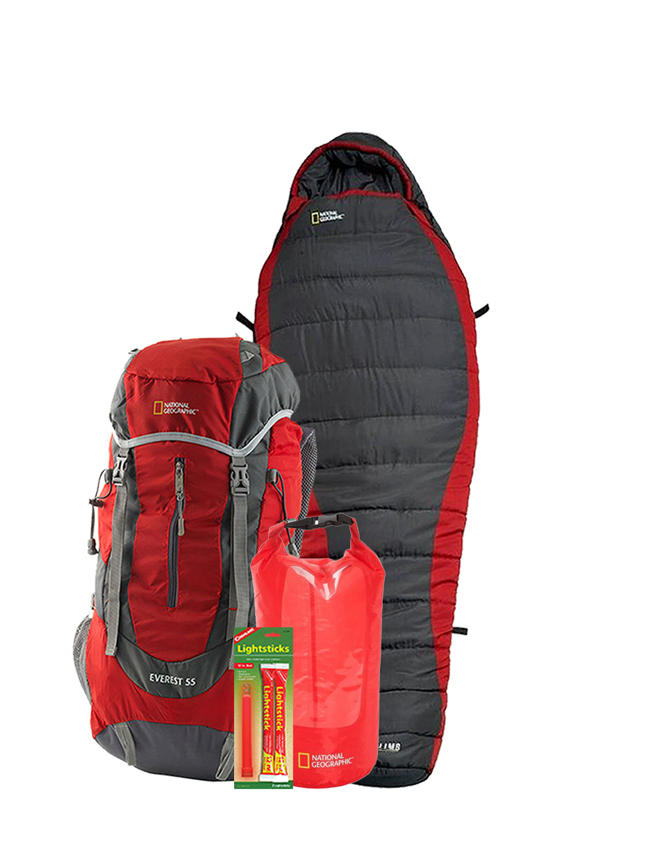 Mochila Everest de 55LT, sleeping, bolsa seca roja NatGeo y luz quimica de emergencia