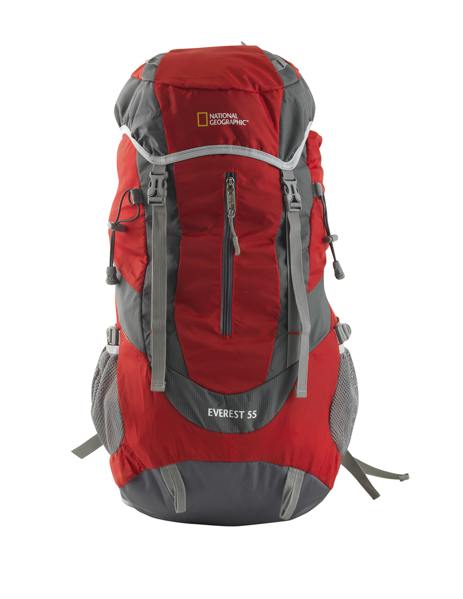 Mochila Everest de 55LT, sleeping, bolsa seca roja NatGeo y luz quimica de emergencia