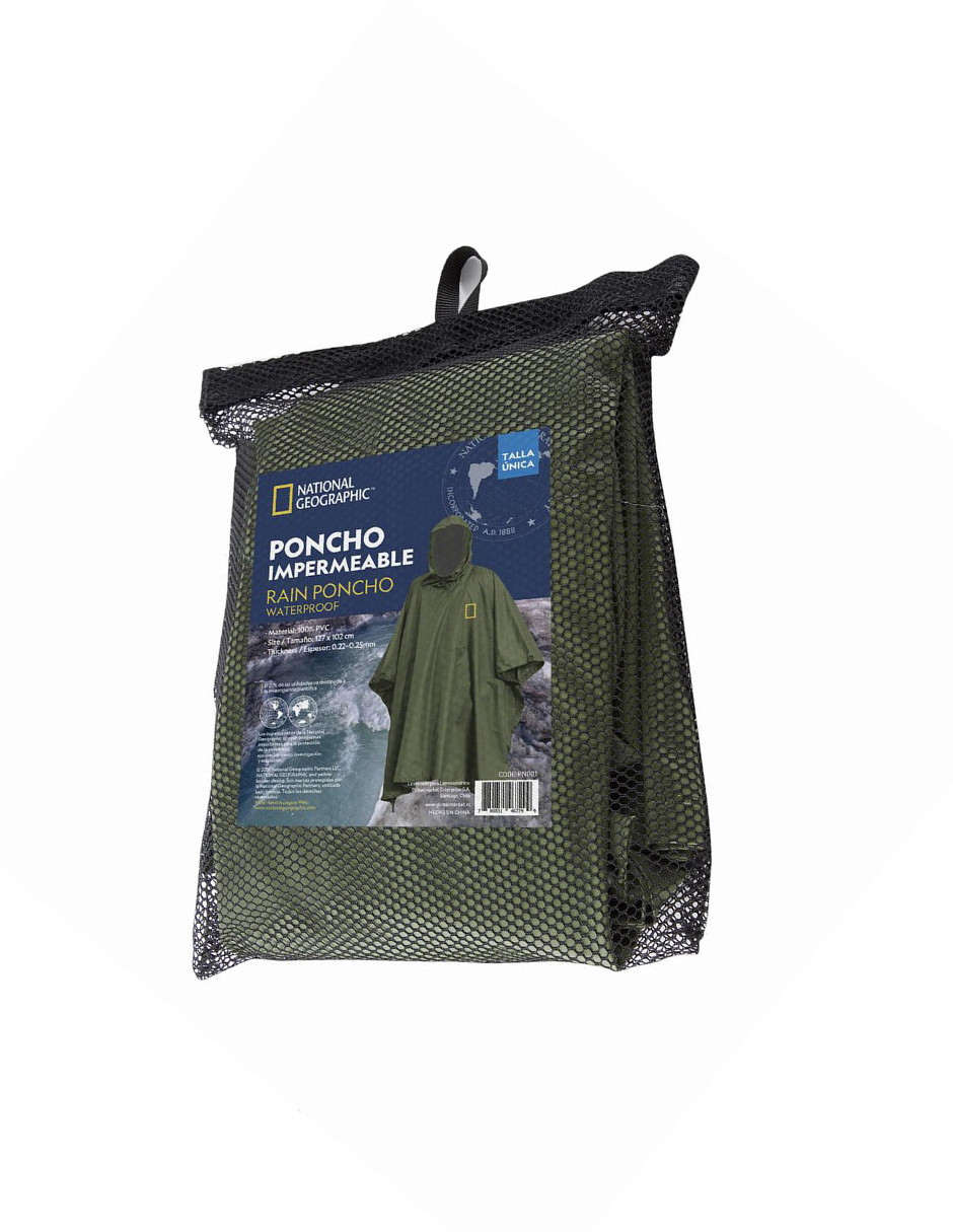 Mochila Bluelake 25lt, 1 poncho verde impermeable NatGeo y luz quimica de emergencia