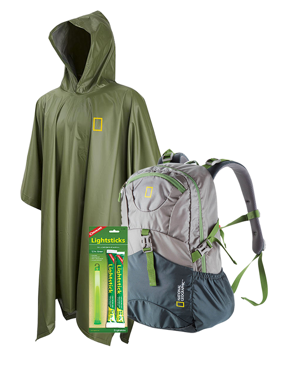 Mochila Bluelake 25lt, 1 poncho verde impermeable NatGeo y luz quimica de emergencia