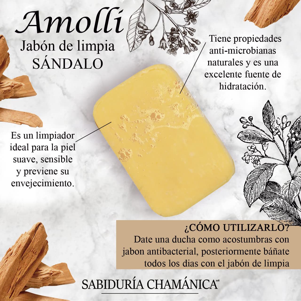 Jabon Amolli 100% Orgánico Energético Sándalo, natural, tocador, baño, spa, relajacion, hierbas