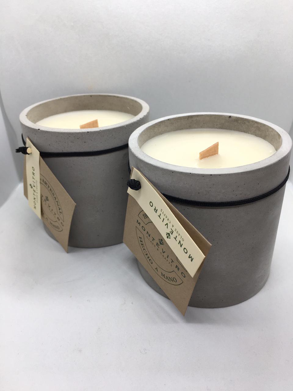 2 Velas aromaticas en CILINDRO de Concreto Monte Vitro con cera de Soya y pabilo de madera 