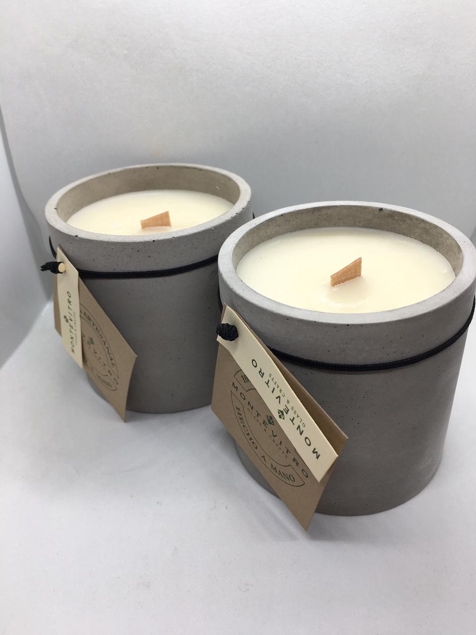2 Velas aromaticas en CILINDRO de Concreto Monte Vitro con cera de Soya y pabilo de madera 