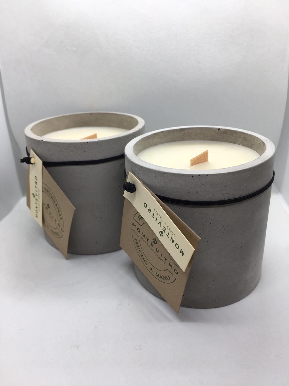 2 Velas aromaticas en CILINDRO de Concreto Monte Vitro con cera de Soya y pabilo de madera 