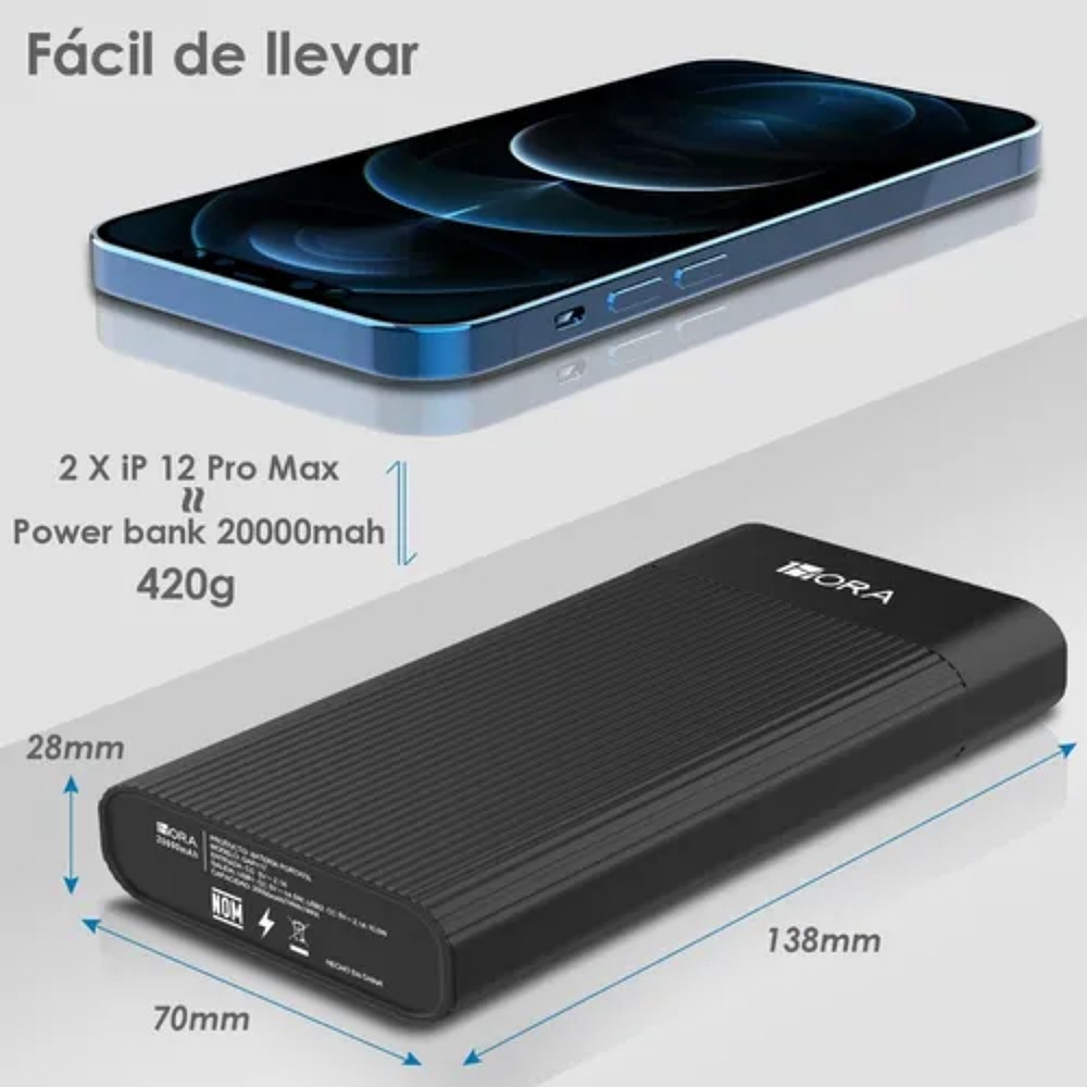 Power Bank Batería Portátil 20000mah 2.1a Carga Rápida 1hora